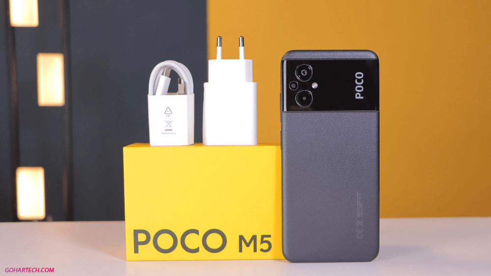 The contents of the Poco M5 phone box include; Manual, charger adapter, USB Type-C cable, SIM card removal needle and jelly cover.